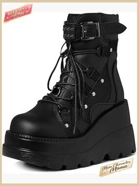 Goth Combat Ankle Boots Chunky High Heel Platform Wedge Booties Lace Up
